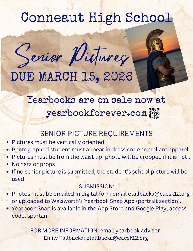 CACSSpartans's tweet photo. The due date to turn in senior pictures for the yearbook is quickly approaching! Turn in your senior picture to Mrs. Tallbacka before the March 15th deadline or your school picture will be used. https://t.co/oyKpKKS4KO