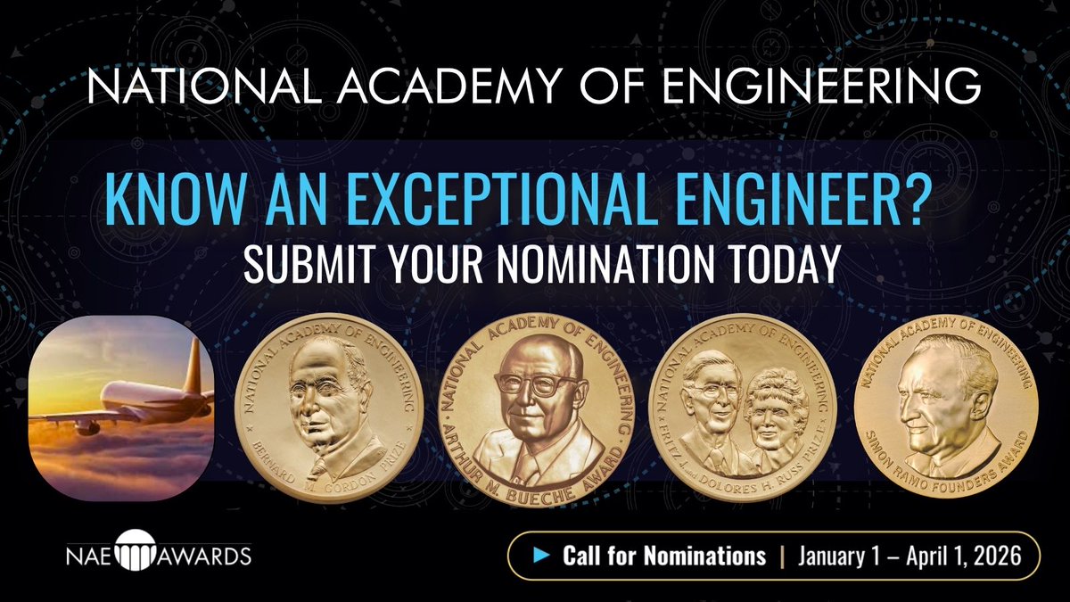 NAE_Awards's tweet photo. From life-saving devices to breakthroughs, engineers change the world. The NAE Awards celebrate these innovators &amp; inspire future generations. 

Submit your nominations for 2026 &amp; 2027 now: https://t.co/9QkfnTi7V8

#NAEAwards #EngineeringExcellence #GlobalImpact https://t.co/zqP3VTqcGC