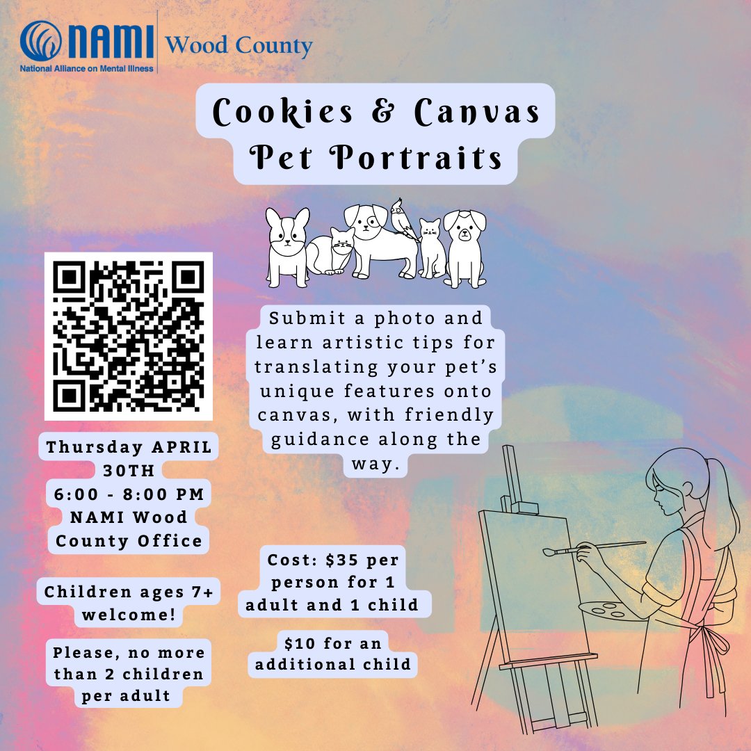 Bring your favorite pet photo and join us for a fun, creative evening at Cookies &amp; Canvas: Pet Portraits on Thursday, April 30th from 6:00–8:00 PM at the NAMI Wood County Office.

Learn more and sign up here: namiwoodcounty.org/cookies-and-ca…