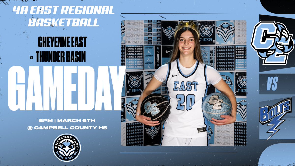 CheyEast's tweet photo. 🏀 Game Day for the Lady T-Birds!

The Cheyenne East Lady T-Birds hit the hardwood today in the 4A East Regional Tournament Semifinals in Gillette as they take on the Lady Bolts from Thunder Basin.

Let’s go get it, T-Birds!

⚡ #TBirdNation #RoadToState https://t.co/banJSDn85G