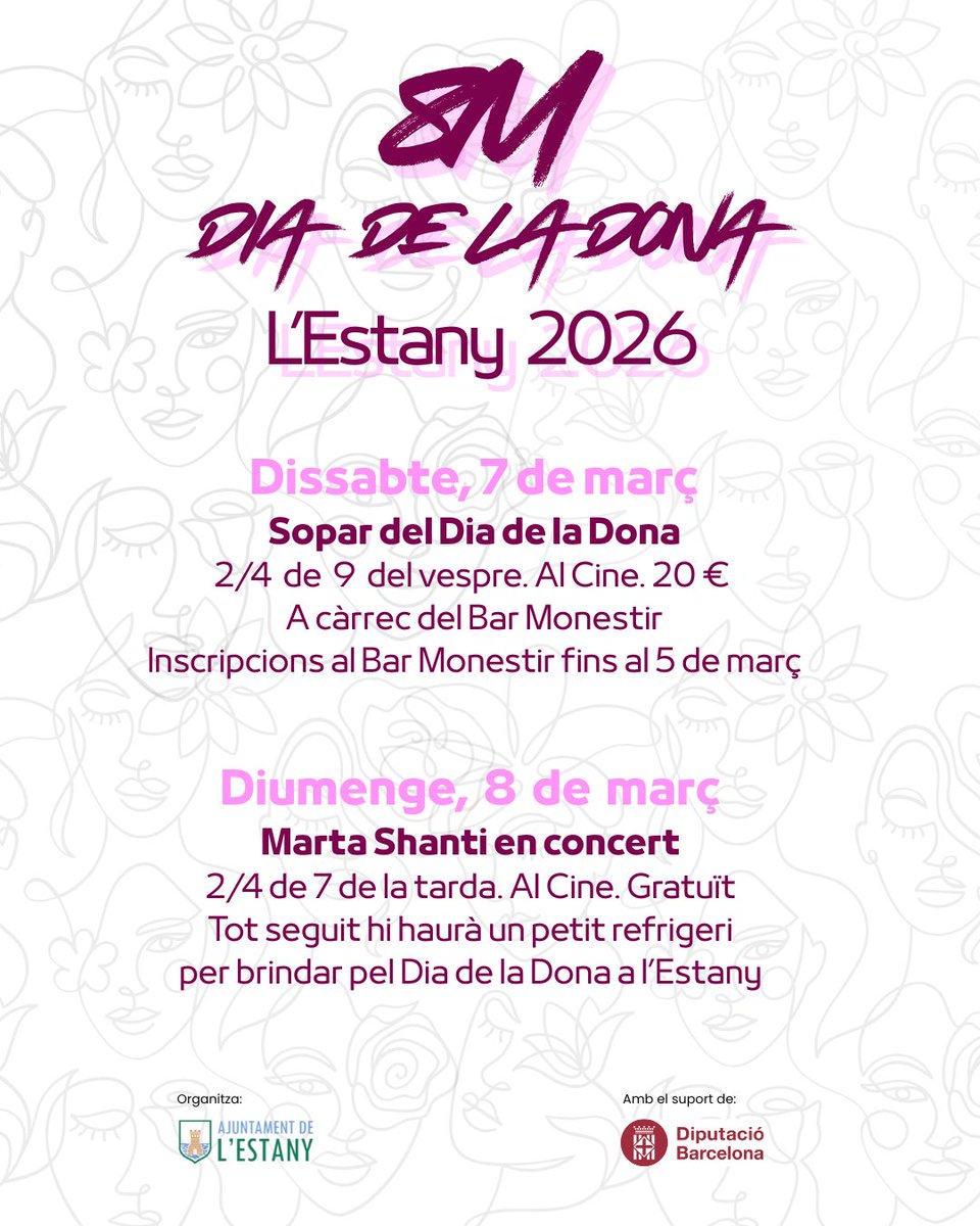 viulestany's tweet photo. 🟣Actes del 8M a l'Estany
▪️ *Sopar del dia de la Dona*
🗓️ Dissabte, 7 de març. 20.30 h
📍Al Bar Monestir. Preu: 20€

🎶 *Marta Shanti, en concert*
🗓️ Diumenge, 8 de març. 18.30 h
📍Al Cine. Gratuït

➕ INFO
https://t.co/CLoaBIJnKH https://t.co/n4FMUzOdXi