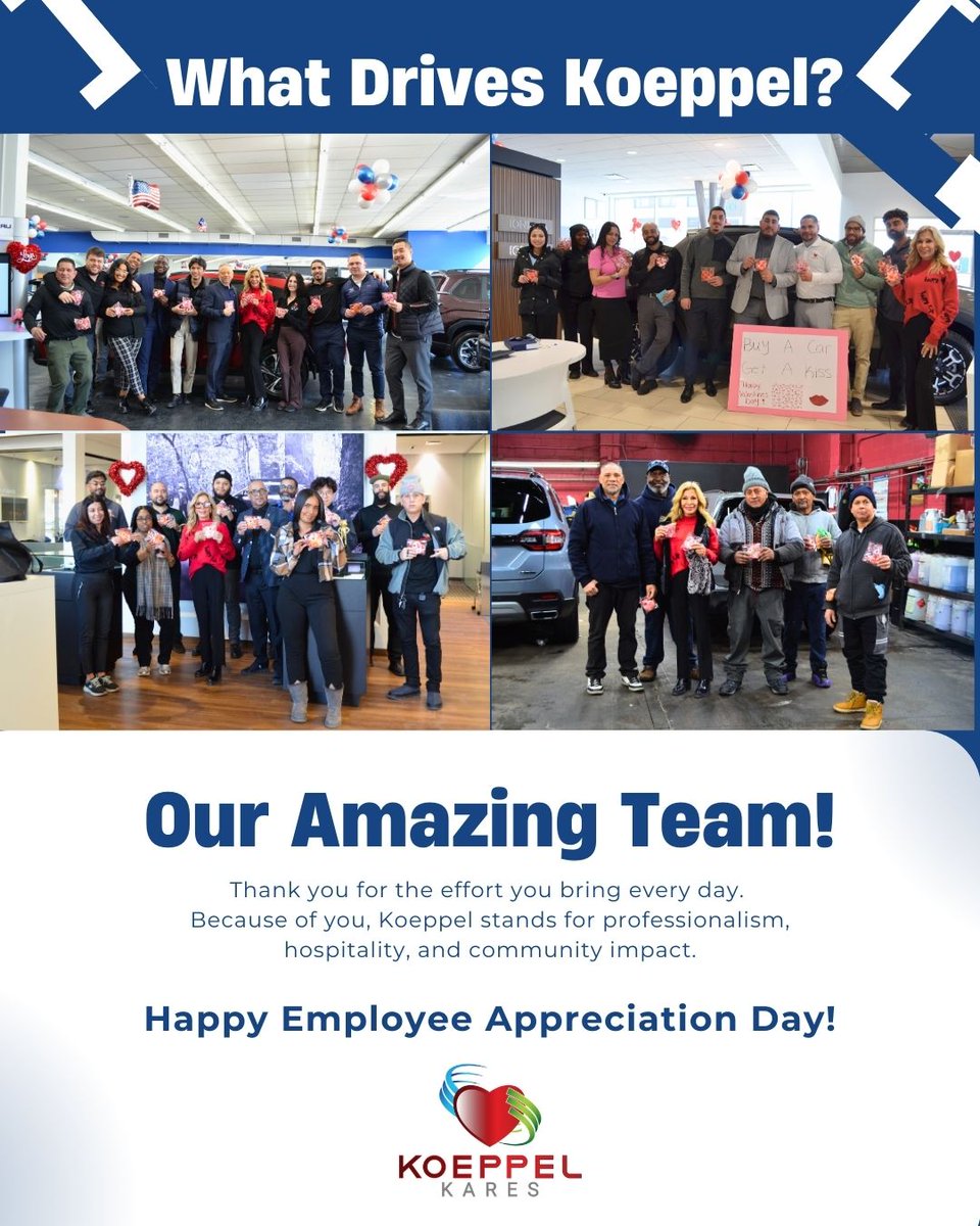 AutoKoeppel's tweet photo. Happy Employee Appreciation Day to the incredible Koeppel team! 🙏👏
Thank you for the dedication, teamwork, and pride you bring to Koeppel every day. 

#EmployeeAppreciationDay #TeamKoeppel #DealershipLife #KoeppelKares #TeamworkMakesTheDreamWork #WorkplaceCulture https://t.co/5ymtSZPNtT