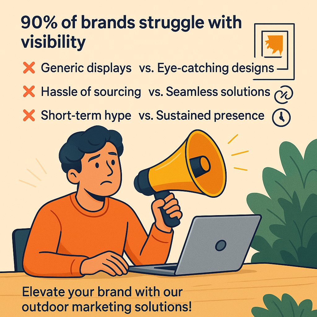 AboveAllAd's tweet photo. 90% of brands struggle with visibility.  

❌ Generic displays vs. Eye-catching designs.  
❌ Hassle of sourcing vs. Seamless solutions.  
❌ Short-term hype vs. Sustained presence.  

Elevate your brand with our outdoor marketing solutions! 🌟📣 What’s your visibility challenge? https://t.co/KNWsr5RRol