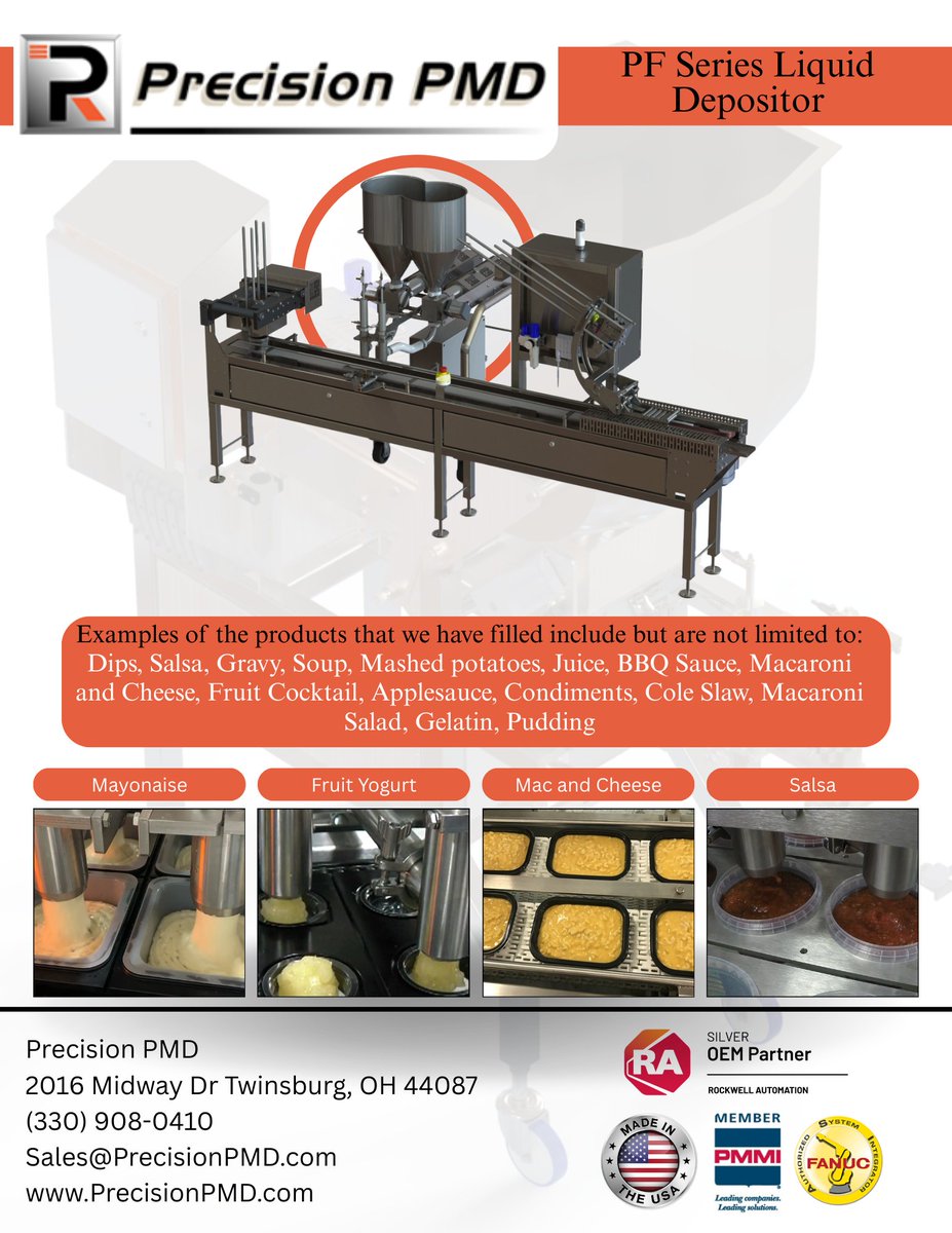 PrecisionPMD's tweet photo. Precision PMD PF Series Liquid Depositors:

Versatile piston fillers for thin to thick products (dips, salsa, soups, yogurt &amp; more). Gentle, accurate filling, quick sanitation &amp; seamless integration.

Options: Traveling Head, Multiple Heads, Heated Hopper, Servo Control &amp; more! https://t.co/wEikcrSTVj