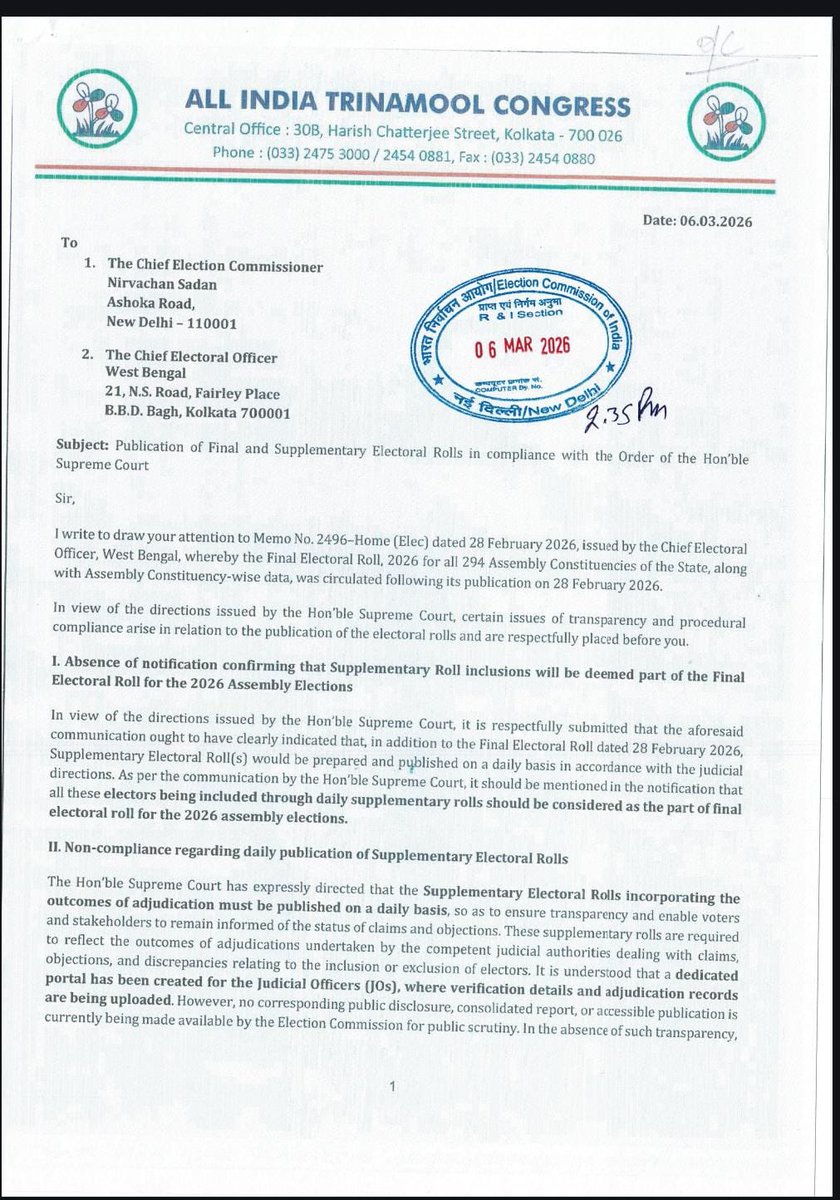 AITCofficial's tweet photo. Shri @abhishekaitc has written to Chief Election Commissioner and the Chief Electoral Officer, West Bengal, raising serious concerns over transparency and procedural compliance in the publication of electoral rolls for the 2026 Assembly elections.

In his letter, he has highlighted several critical issues:

▶️ No clear notification confirming that voters included through daily Supplementary Electoral Rolls will be treated as part of the Final Electoral Roll.

▶️ Non-compliance with the directions of the Hon’ble Supreme Court mandating the daily publication of Supplementary Electoral Rolls reflecting adjudication outcomes.

▶️ Lack of transparency as decisions taken by adjudicating authorities on claims and objections are not being made publicly accessible.

▶️ Absence of reasoned orders explaining why a voter’s name has been rejected or deleted, depriving citizens of the opportunity to seek legal remedies.

Our National General Secretary has demanded immediate corrective steps to ensure transparency, fairness and strict adherence to judicial directions in the electoral process. The fight to safeguard the democratic rights of the people of Bengal will continue.