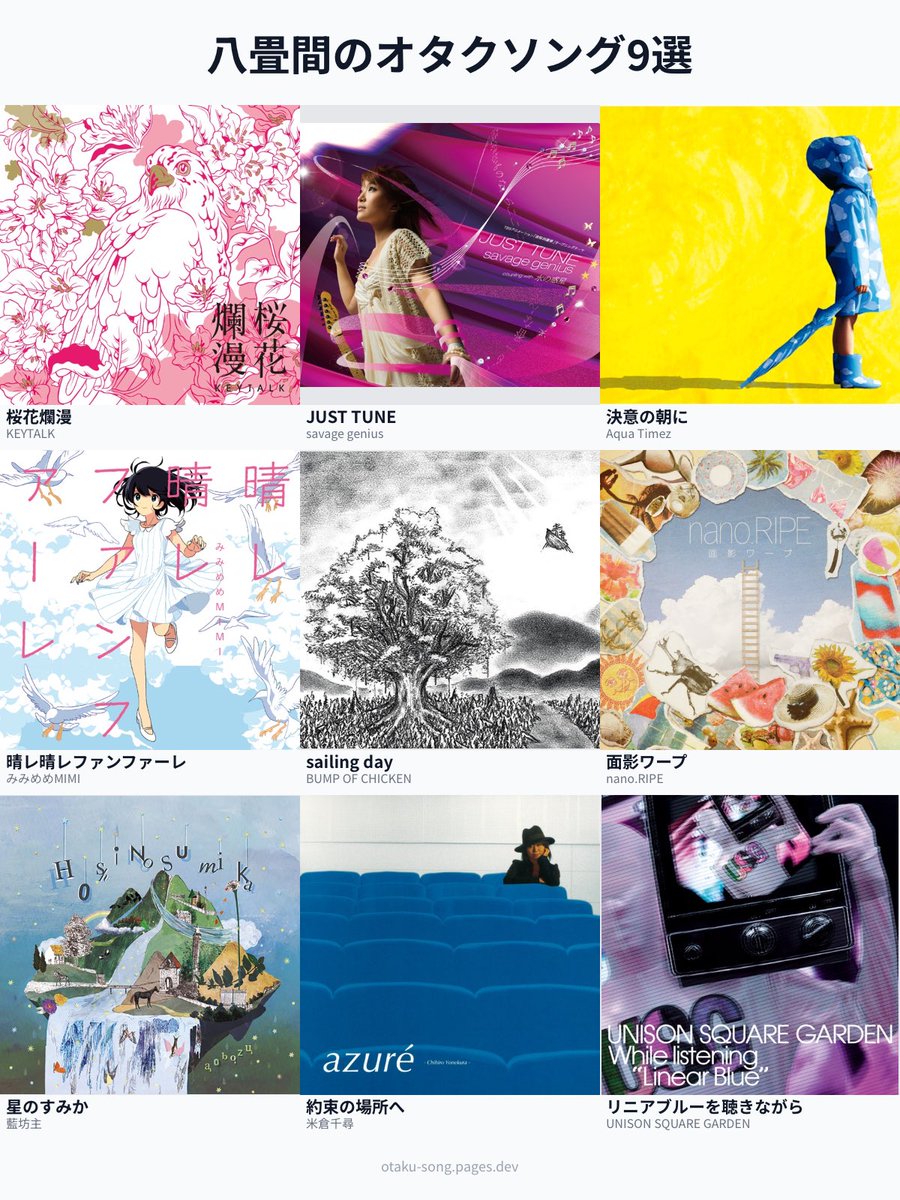 八畳間のオタクソング9選 ・桜花爛漫 ・JUST TUNE ・決意の朝に ・晴レ