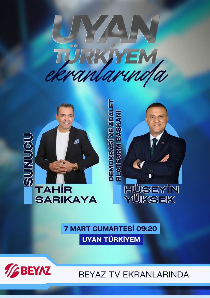 57322aytekin's tweet photo. Sinoplu İş İnsanı Hüseyin Yüksek, Beyaz TV’de Canlı Yayın Konuğu Oluyor

 iş insanı Hüseyin Yüksek, Beyaz TV ekranlarında yayınlanan ve sunuculuğunu Tahir Sarıkaya’nın yaptığı “Uyan Türkiyem” programına konuk oluyor.

7 Mart Cumartesi günü sabah saat 09.20’de başlayacak https://t.co/ius8GLx95c