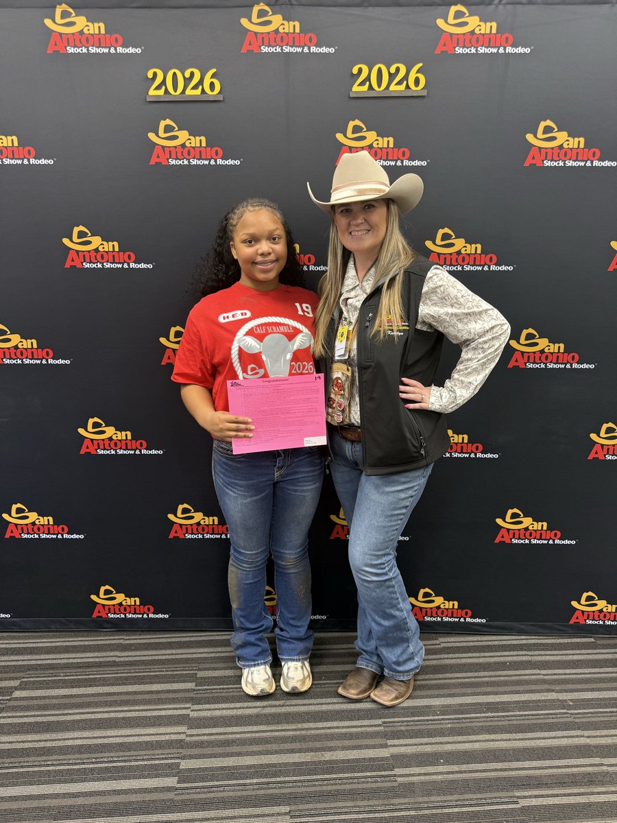 TwintT_2's tweet photo. I couldn’t be more proud of this girl if I tried. Watching her journey through the scrambles this year has been nothing short of phenomenal. She walked away with a “triple threat” of wins that mean so much more than just trophies:
• Win #1: For her resilience and character. She was just being her authentic self through hardships she didn’t even realize she was facing, and was recognized with a certificate for it.
• Win #2: Grit in the dirt! She successfully caught her calf! 
• Win #3: Out of 30 incredible individuals, she was hand-picked for the Scramble Matrimony. Even met a wonderful couple at #houstonrodeo2026 Old Man Harris 💛 @RandleHS