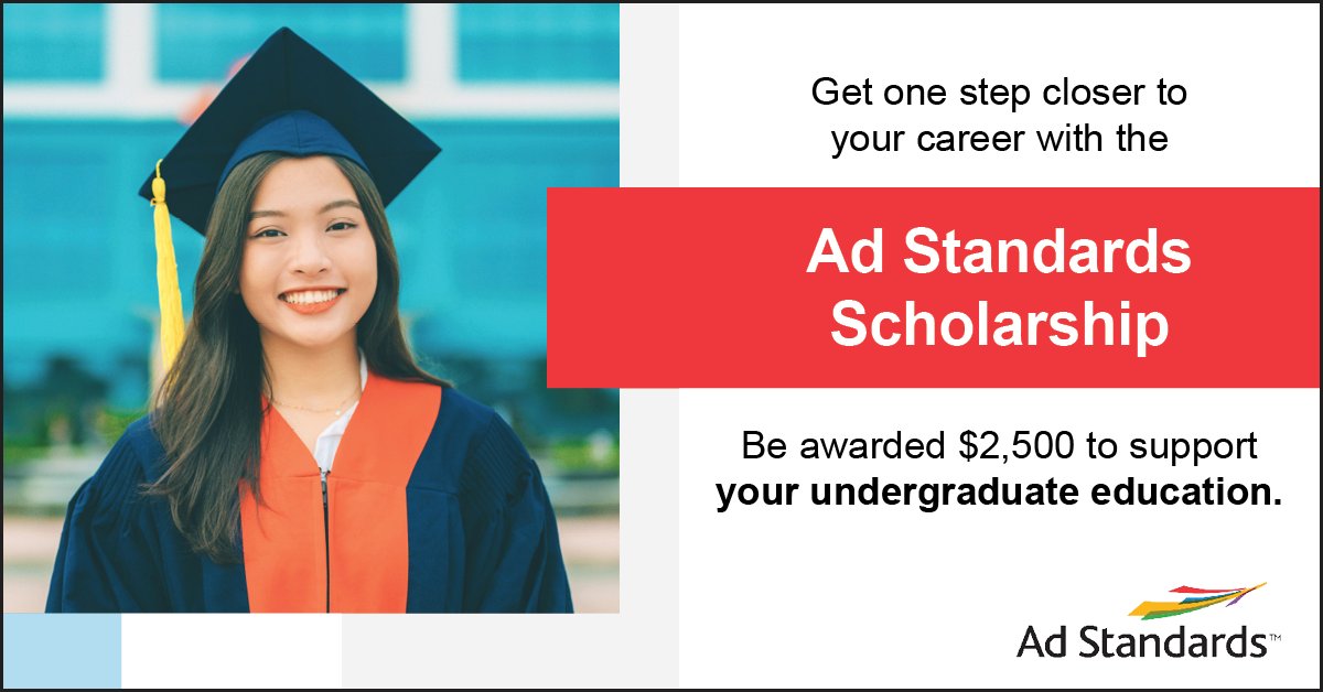 AdStandardsCan's tweet photo. Last chance to apply!

The 𝐀𝐝 𝐒𝐭𝐚𝐧𝐝𝐚𝐫𝐝𝐬 𝐒𝐜𝐡𝐨𝐥𝐚𝐫𝐬𝐡𝐢𝐩 awards $2,500 to students studying advertising or marketing at a Canadian college or university.

Deadline: March 12
Apply now: https://t.co/MIka8XIfQn

#StudentSuccess #Scholarship https://t.co/AWqY1zYiE6
