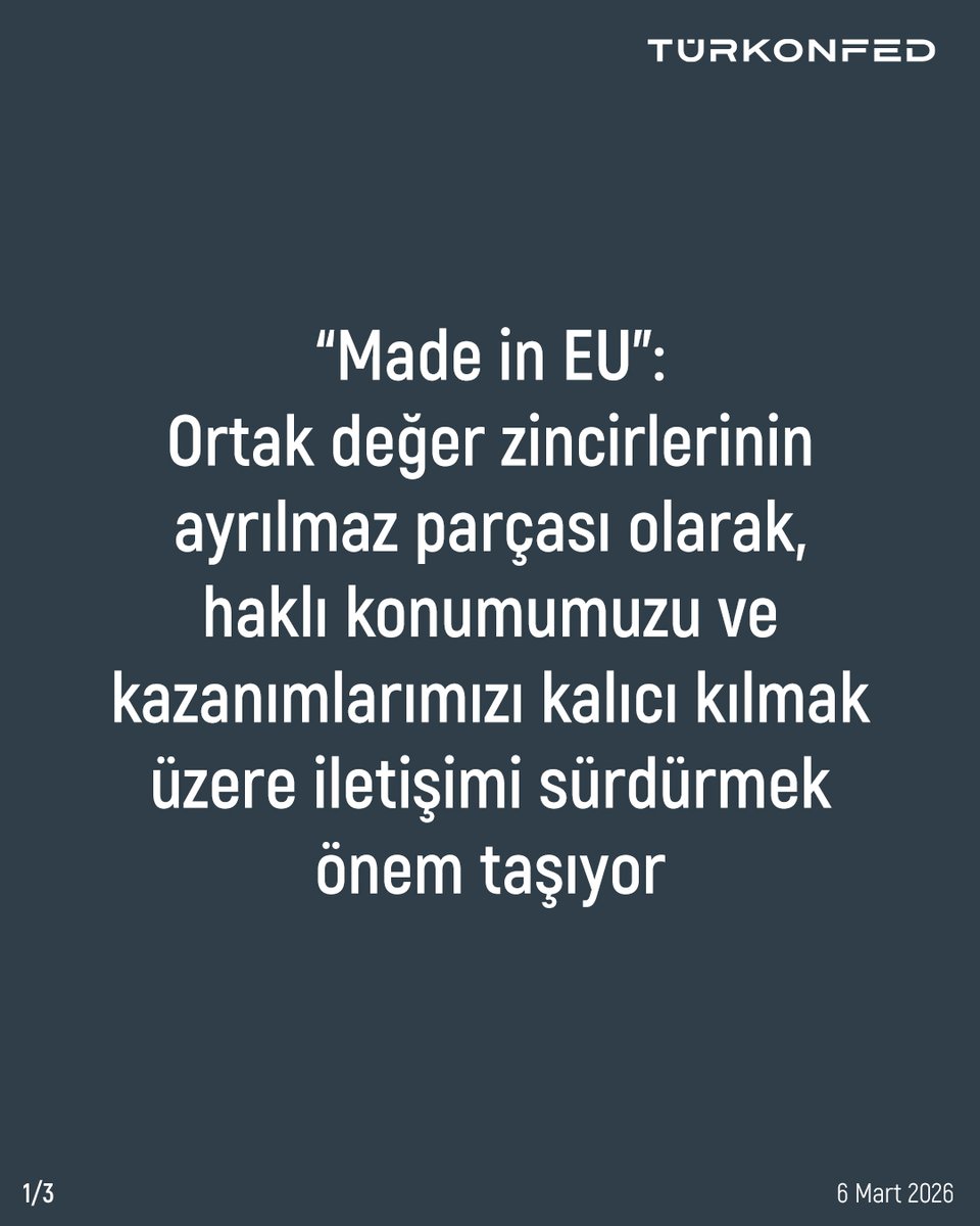 turkonfed's tweet photo. “Made in EU”: Ortak değer zincirlerinin ayrılmaz parçası olarak, haklı konumumuzu ve kazanımlarımızı kalıcı kılmak üzere iletişimi sürdürmek önem taşıyor.

TÜRKONFED olarak, Avrupa Birliği Sanayi Hızlandırma Yasa teklifi kapsamındaki “Made in EU” politikasının, Gümrük Birliği’nin ruhunu yansıtan ve bütünleşik değer ve yatırım zincirlerimizi dikkate alan bir eğilimle ele alınmasını çok değerli buluyoruz ve devam eden AB yasama sürecini takip ediyoruz. 

Bu süreçteki yoğun çalışmaları için başta Ticaret Bakanımız Prof. Dr. Ömer Bolat olmak üzere tüm emeği geçenlere teşekkür ediyoruz. 

AB temaslarımızda her zaman dile getirdiğimiz ve üyesi olduğumuz Avrupa KOBİ Birliği SMEunited’ın konuyla ilgili yayınladığı çağrıda* da vurgulandığı üzere, Avrupa’nın rekabetçiliğinin, korumacılığa yönelmeden, sınır ötesi ekonomik entegrasyonu gözeten ve tedarik zincirlerindeki dönüşümden en çok etkilenen KOBİ’ler üzerinde ilave baskı ve yük yaratmayacak bir yaklaşımla geliştirilmesi son derece önemlidir. 

AB ile olan bağımız, tek boyutlu bir ticari ilişkinin çok ötesinde, yapısal bir ortaklık niteliği taşımaktadır. Mevcut küresel konjonktür, sanayicilerimiz ve KOBİ’lerimizin AB’deki üretim ağlarının ve değer zincirlerinin ayrılmaz bir parçası olduğunu daha da belirgin bir biçimde ortaya koymaktadır. Bu çerçevede, dönüşen rekabetçilik ve ekonomik güvenlik baskıları altında, AB – Türkiye Gümrük Birliği’nin güncellenmesine yönelik gerekli adımların hızla atılması gerektiğini bir kez daha vurguluyoruz.  

Ülkemizin ilgili bütün kurumlarının, süreç Türkiye’nin de dahil edildiği şekilde sonuçlanana kadar konunun takipçisi olması önemlidir. Bizler de, Avrupa KOBİ ekosisteminin aktif bir parçası olarak, TÜRKONFED çatısı altında karşılıklı ortak fayda yaratan iş birliklerinin geliştirilmesi için çalışmaya ve Türkiye’nin dört bir yanında her ölçekten işletmenin yeşil ve dijital dönüşüm süreçleriyle AB standartlarına uyumunu desteklemeye devam edeceğiz.

*European Preference: Competitiveness without protectionism, SMEUnited

#TÜRKONFED
