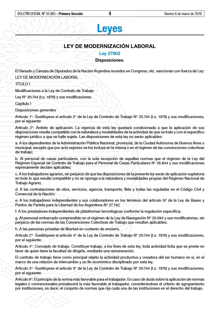 Hoy se publicó en el Boletín Oficial la promulgación de la Ley de Modernización Laboral.

Link: boletinoficial.gob.ar/detalleAviso/p…