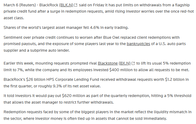 StackerSatoshi's tweet photo. BlackRock just limited withdrawals from their $26B private credit fund as investors requested 9.3% of the fund's NAV.

This comes as other large private credit funds including Blackstone and Blue Owl have also received record high redemption requests amid insufficient liquidity. https://t.co/ZGW554Jens
