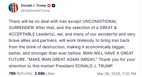 airnewsalerts's tweet photo. #WestAsiaConflict || As the conflict in West Asia entered its 7th day, US President #DonaldTrump has ruled out any deal with Iran and called for its unconditional surrender. 

In a social media post, President Trump said, the US and its allies will work tirelessly to bring Iran back from the brink of destruction, making it economically bigger, better, and stronger than ever before.