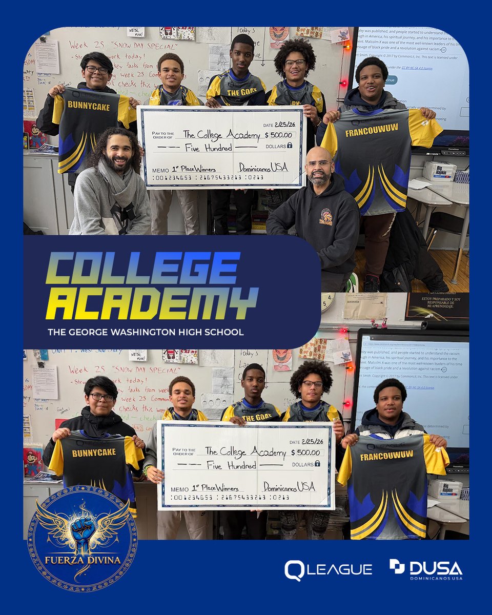 🎮 Our QLeague esports program continues creating opportunities for students.
At the College Academy event, Fuerza Divina (MLBB) from The George Washington High School takes 1st place. <a href="/QLeagueGG/">QLeagueNYC</a> 
#QLeague #EsportsEducation #MLBB #DominicanosUSA