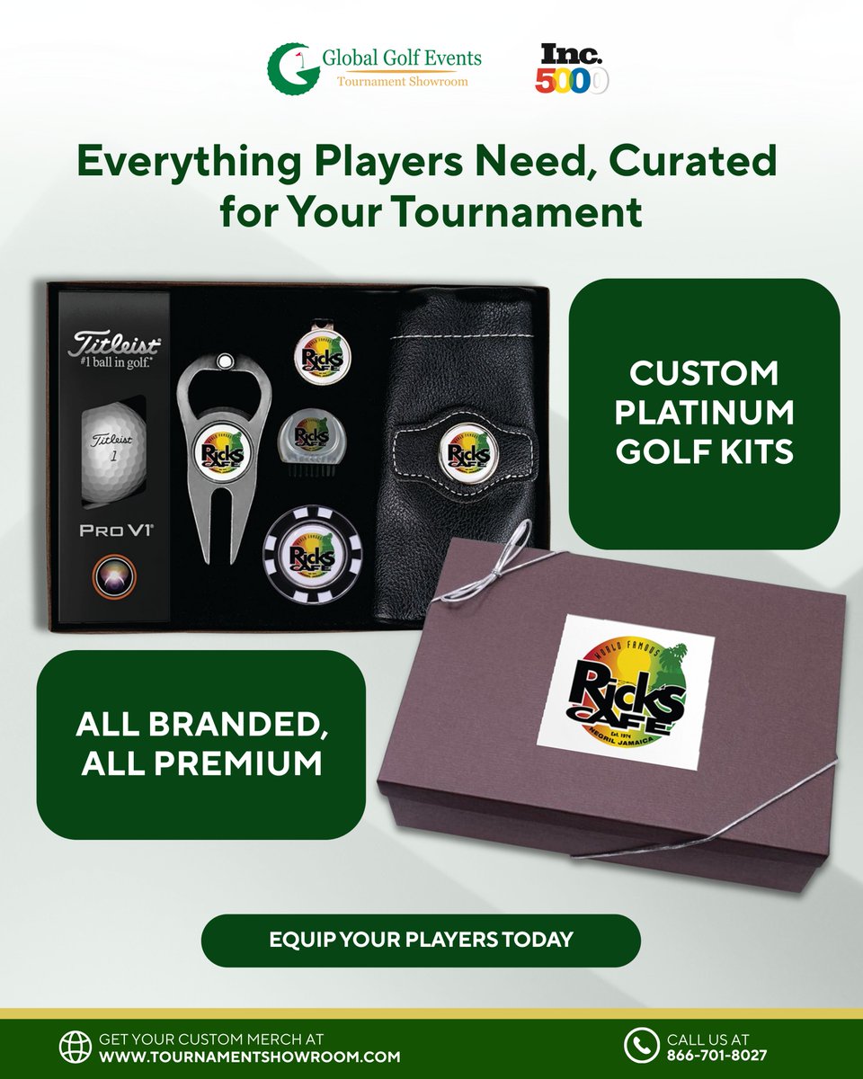 GlobalGolfEvent's tweet image. At Global Golf Events, our custom golf kits combine premium polos, hats, headcovers, divot tools, ball markers, and more, all branded and thoughtfully arranged. 

#CustomGolfKits #TournamentMerch #PremiumGolfGear #BrandedGolfMerch #GlobalGolfEvents