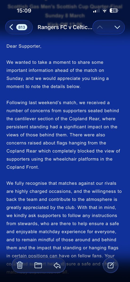 So not only did I lose my seat in the Copland Front to the UBs, now I’m not allowed to stand up in a highly charged game?
Games against rivals and in Europe and we’ve to sit down because people behind us (the only ones in the whole fucking stadium) don’t want to stand?

Shite.