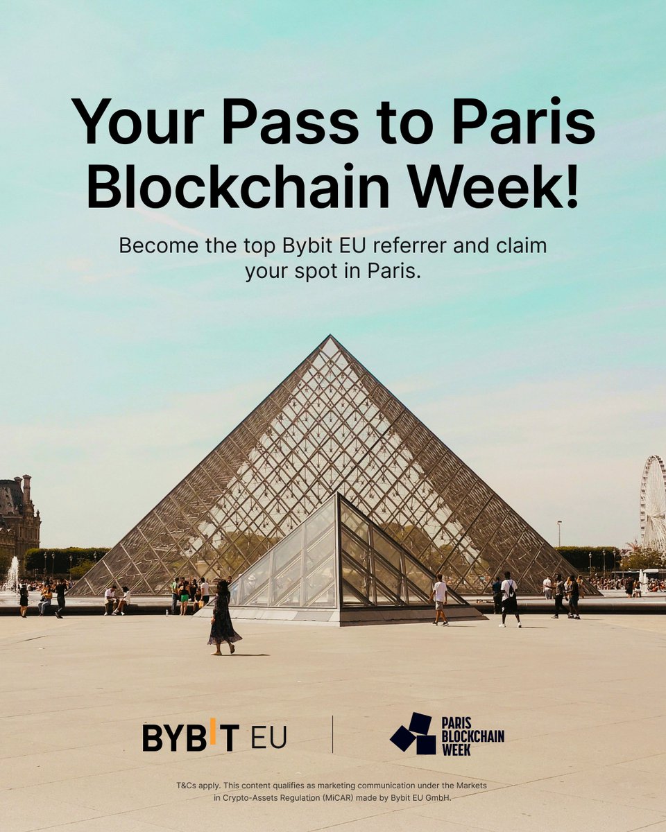 BybitEU's tweet image. 🎟️ Refer your way to Paris - Win a ticket to Paris Blockchain Week 2026!

Want to join us at one of Europe’s biggest blockchain events? Here’s your chance 👀

How to enter:
1️⃣ Refer your friends to Bybit EU using your referral link
2️⃣ Share a post about joining the challenge and