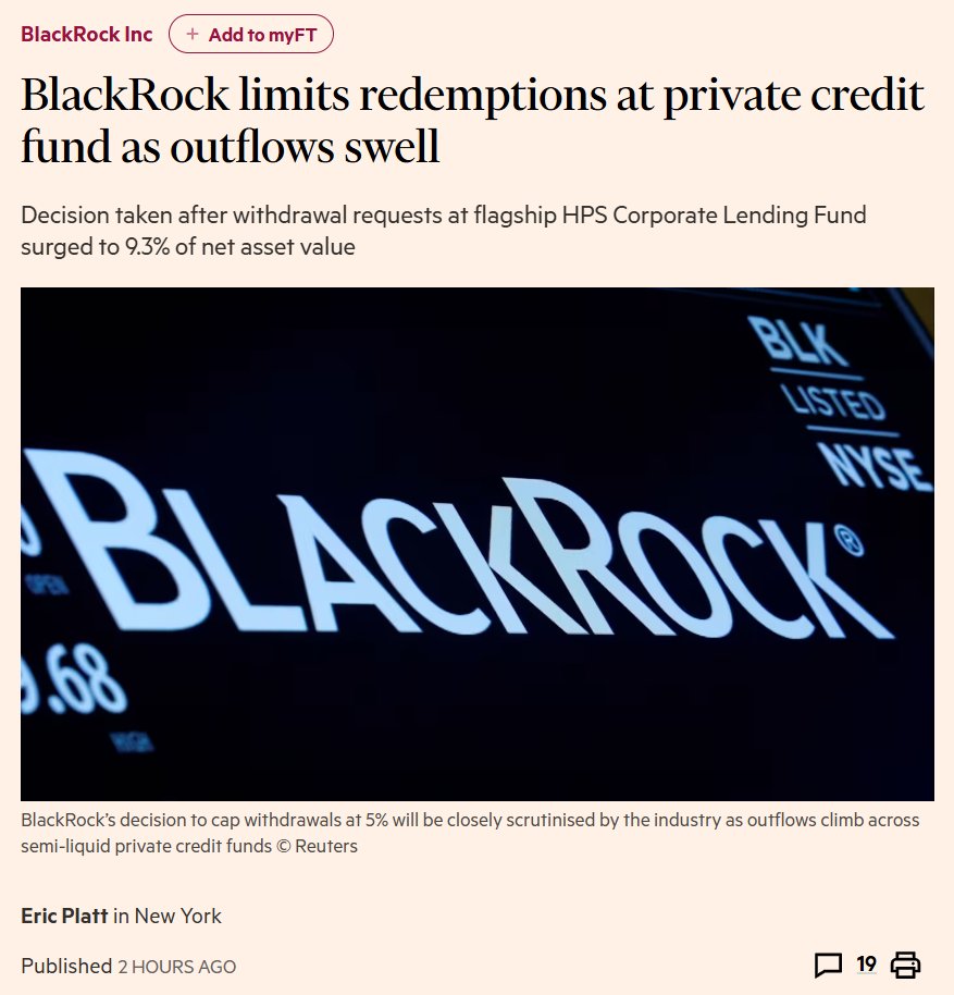 junkbondinvest's tweet image. Private credit redemption tracker:

&amp;gt; BlackRock HPS: gated at 5%, 46% of requests denied
&amp;gt; Blackstone BCRED: 7.9%, backstopped by manager
&amp;gt; Blue Owl OTIC: 15% of NAV
&amp;gt; Blue Owl OBDC II: halted

You get out when they let you. If they let you.