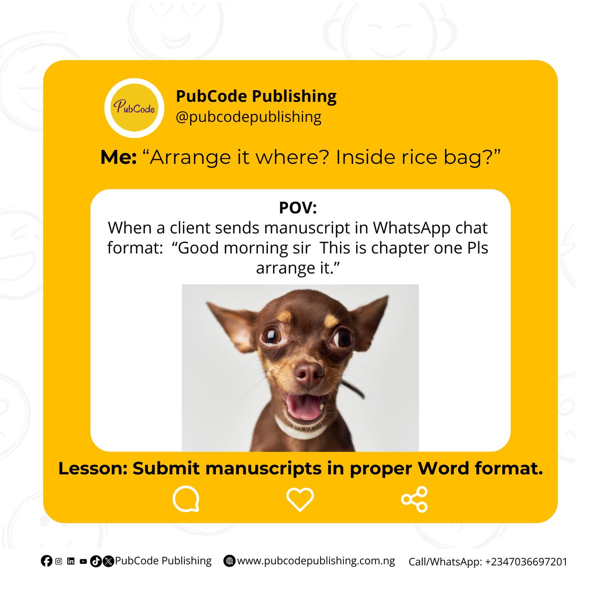 PubCode_Pub's tweet photo. TGIF!

Let's laugh and learn together.

Though it sounds funny, we can all agree that we have to do what we ought to do as authors and always do it right.

And if you fall into this category, sorry, but we are not sorry. 😒😆😂

#bookpublishersinabeokuta
#BookPublishingCompany https://t.co/gYdIdr5IWm