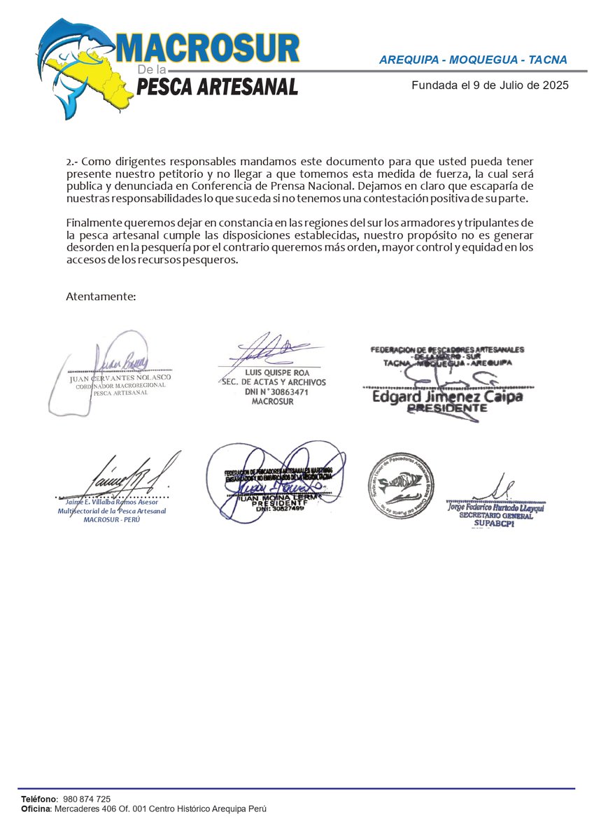 Defens_MacroSur's tweet photo. #URGENTE | Señor César Quispe Luján, @MINPRODUCCION. Solicitamos entablar un dialogo abierto en la localidad de MATARANI, dando un plazo hasta el 15 de marzo del 2026, de no haber respuesta la MACROSUR DE LA PESCA ARTESANAL acatará un PARO INDEFINIDO. https://t.co/XVkMir8o6M