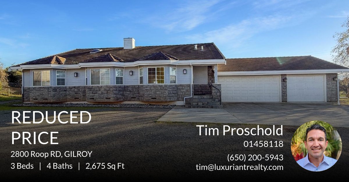 TimProschold's tweet photo. 📍 Reduced Price 📍 This recently reduced home at 2800 Roop Rd in Gilroy won't last long, so, don't wait to set up a showing! Reach out here or at (650) 200-5943 for more information!

DRE#01458118 https://t.co/fbUYwbP29t https://t.co/7VuhAkR0RQ