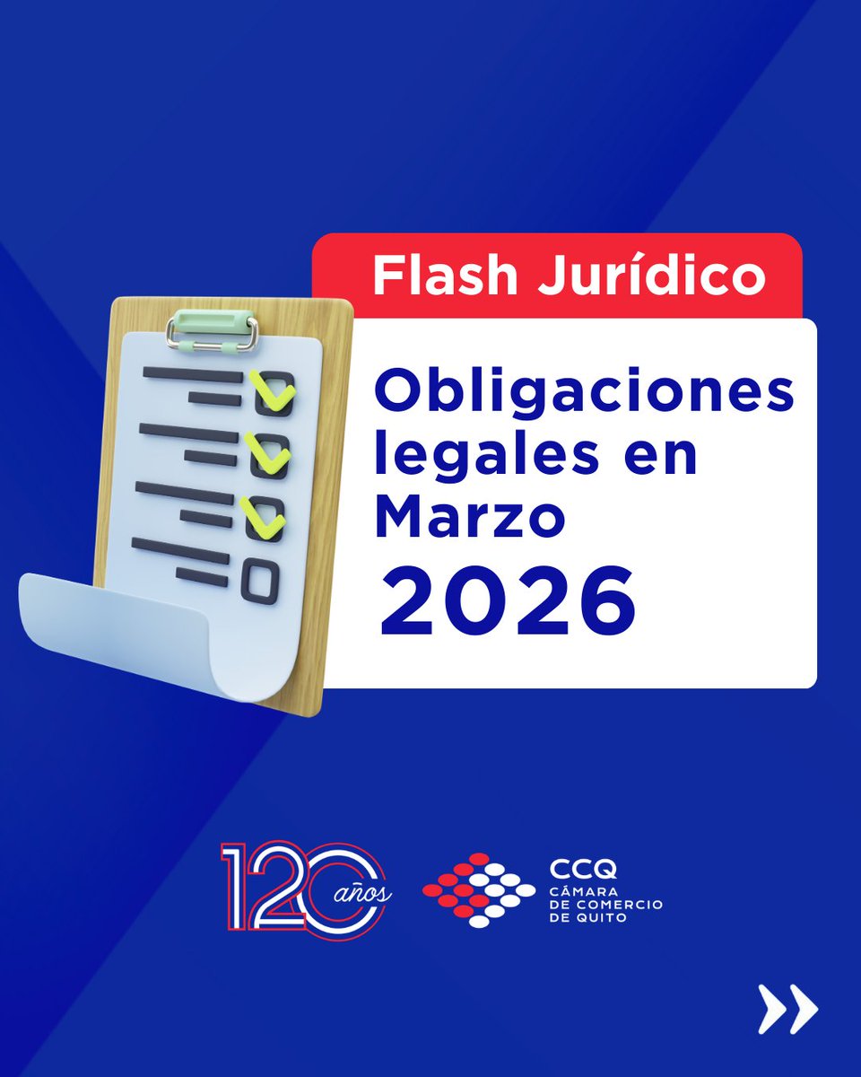 lacamaradequito's tweet photo. ⚖️ Mantener al día las obligaciones legales es clave para una gestión empresarial responsable y ordenada.

Marzo trae consigo importantes compromisos tributarios, laborales y societarios que las empresas deben considerar para cumplir con la normativa vigente y evitar sanciones. Desde la Cámara de Comercio de Quito recordamos estas obligaciones como parte de nuestro compromiso de acompañar al sector productivo con información oportuna y útil.

🤝 Cumplir a tiempo no solo previene contingencias legales, también fortalece la planificación y la estabilidad de las organizaciones.

📌 Revisa las obligaciones legales de marzo y organiza tu gestión con anticipación.

#CCQ #SomosCCQ #FlashJurídico #Legal