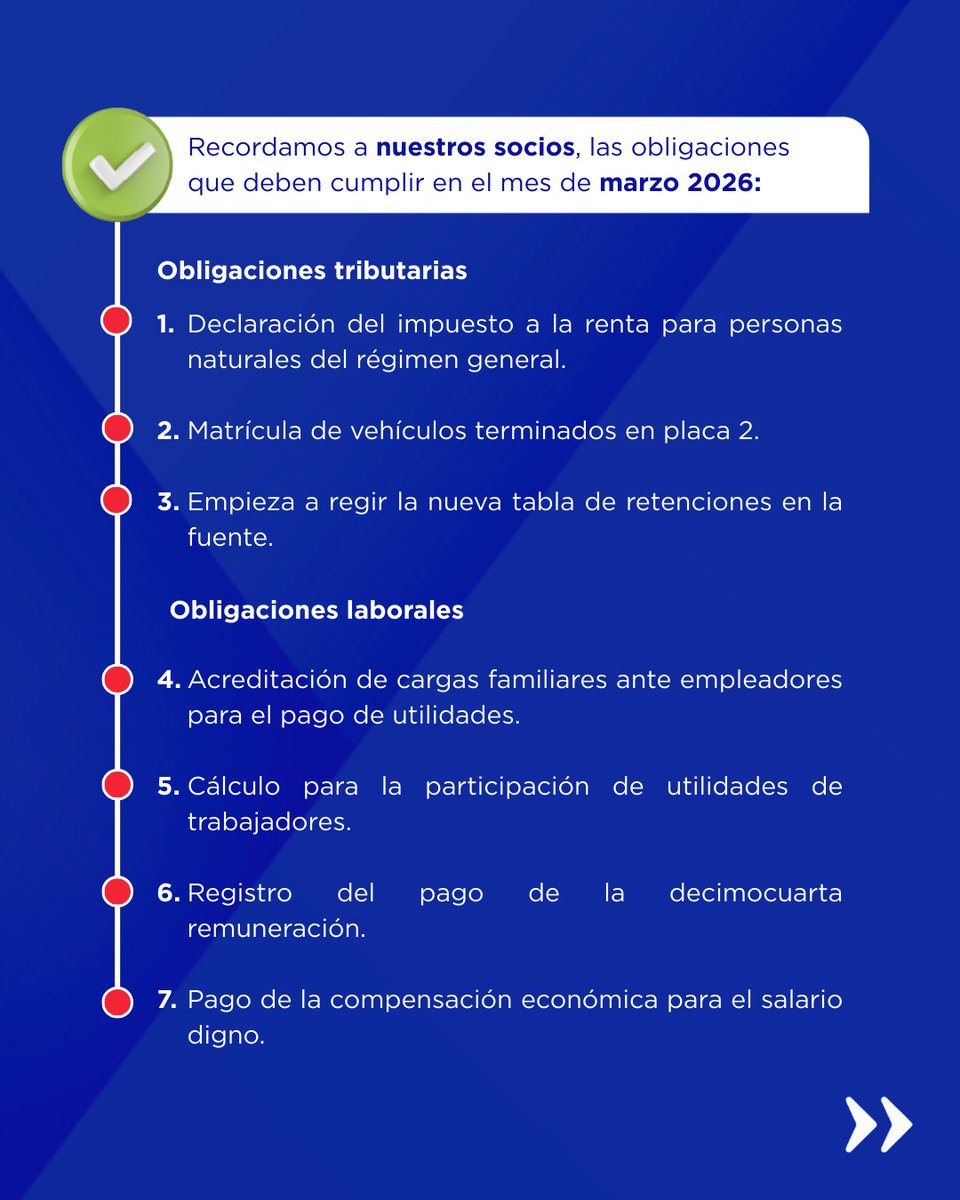 lacamaradequito's tweet photo. ⚖️ Mantener al día las obligaciones legales es clave para una gestión empresarial responsable y ordenada.

Marzo trae consigo importantes compromisos tributarios, laborales y societarios que las empresas deben considerar para cumplir con la normativa vigente y evitar sanciones. Desde la Cámara de Comercio de Quito recordamos estas obligaciones como parte de nuestro compromiso de acompañar al sector productivo con información oportuna y útil.

🤝 Cumplir a tiempo no solo previene contingencias legales, también fortalece la planificación y la estabilidad de las organizaciones.

📌 Revisa las obligaciones legales de marzo y organiza tu gestión con anticipación.

#CCQ #SomosCCQ #FlashJurídico #Legal