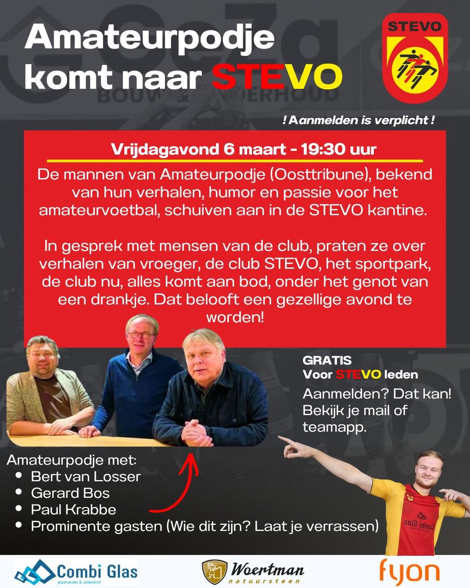 Vanavond is het eindelijk zo ver; Amateurpodje komt naar de Peuverweide🔴🟡.

Opbouw is in volle gang, de kantine is volledig omgetoverd tot een unieke STEVO Studio📣

Komt allen, het beloofd een prachtige avond te worden met o.a. prominente sprekers, verrassende anekdotes en
