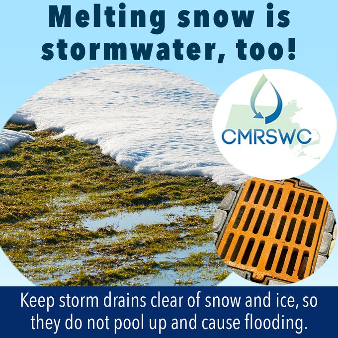 MAStormH2O's tweet photo. Melting snow is stormwater, too! βοΈπ§
As snow melts, it flows into storm drains and local waterways. Help prevent flooding by clearing snow and ice away from nearby storm drains.
#KnowYourFlow #Stormwater https://t.co/nY0S1dxKb0