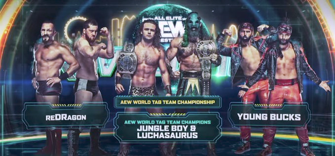 wrestle_hist's tweet photo. 3/6/2022
Jurassic Express defeated reDRagon and The Young Bucks to retain the AEW World Tag Team Championship at Revolution from the Addition Financial Arena in Orlando, Florida.
#AEW #AEWRevolution #JurassicExpress #JungleBoy #JackPerry #Luchasaurus #Killswitch #reDRagon https://t.co/gH4WE64wIM