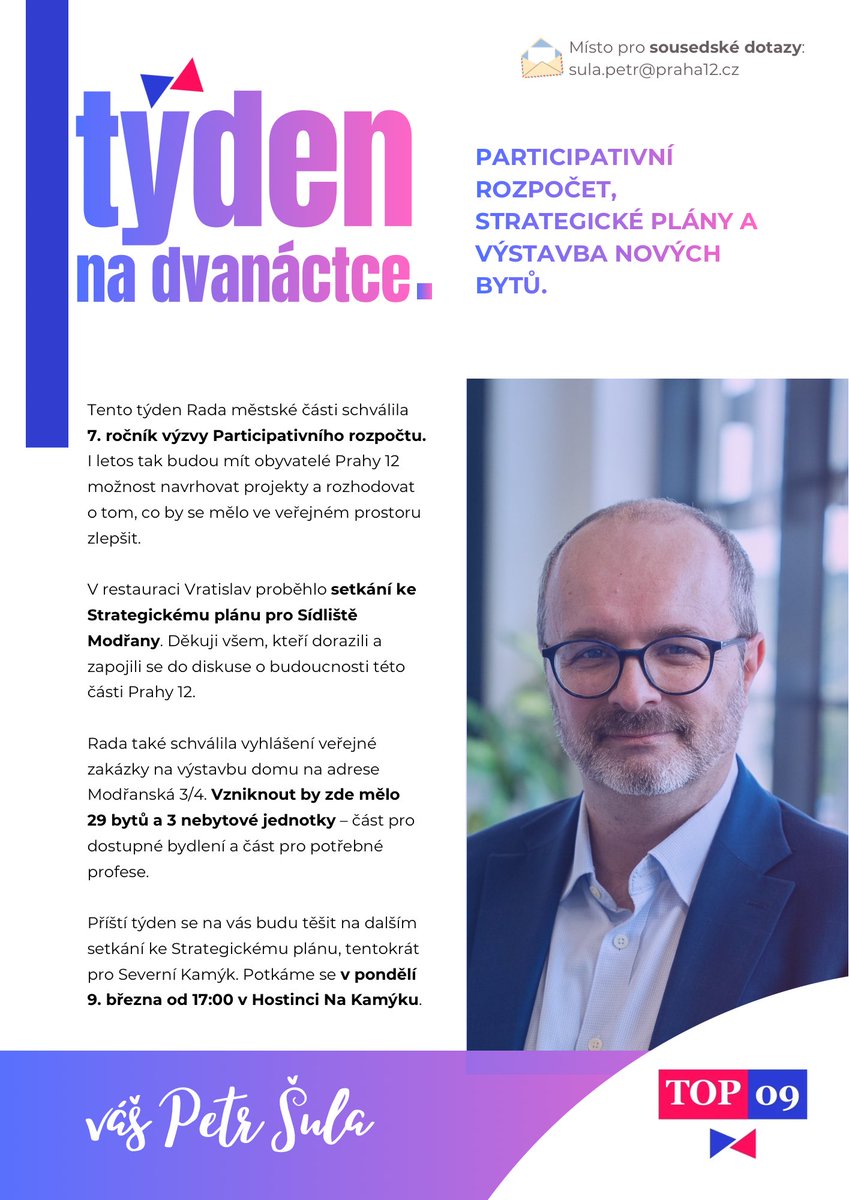 PetrSula_P12's tweet photo. Praha 12 tento týden:
Participativní rozpočet, dostupné bydlení a setkání ke strategickému plánu https://t.co/Il4P6PLmho
