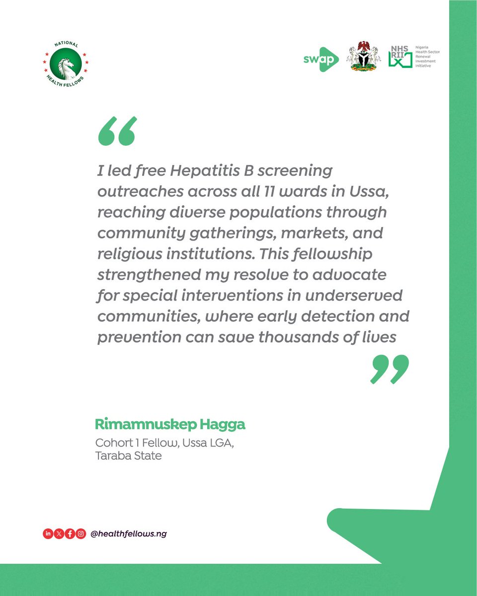 healthfellowsng's tweet photo. The impact of the National Health Fellows is best captured in the voices of the Fellows themselves.

Over the past year, Cohort 1.0 Fellows working across communities in Nigeria were at the frontlines, contributing to efforts to strengthen primary healthcare and improve health outcomes.

Swipe through to hear directly from some of these Fellows as they share what the Fellowship means to them and the impact it has on their work and the communities they served.

#NationalHealthFellows #FromAcrossNigeria #StarsEverywhere #HealthLeadership