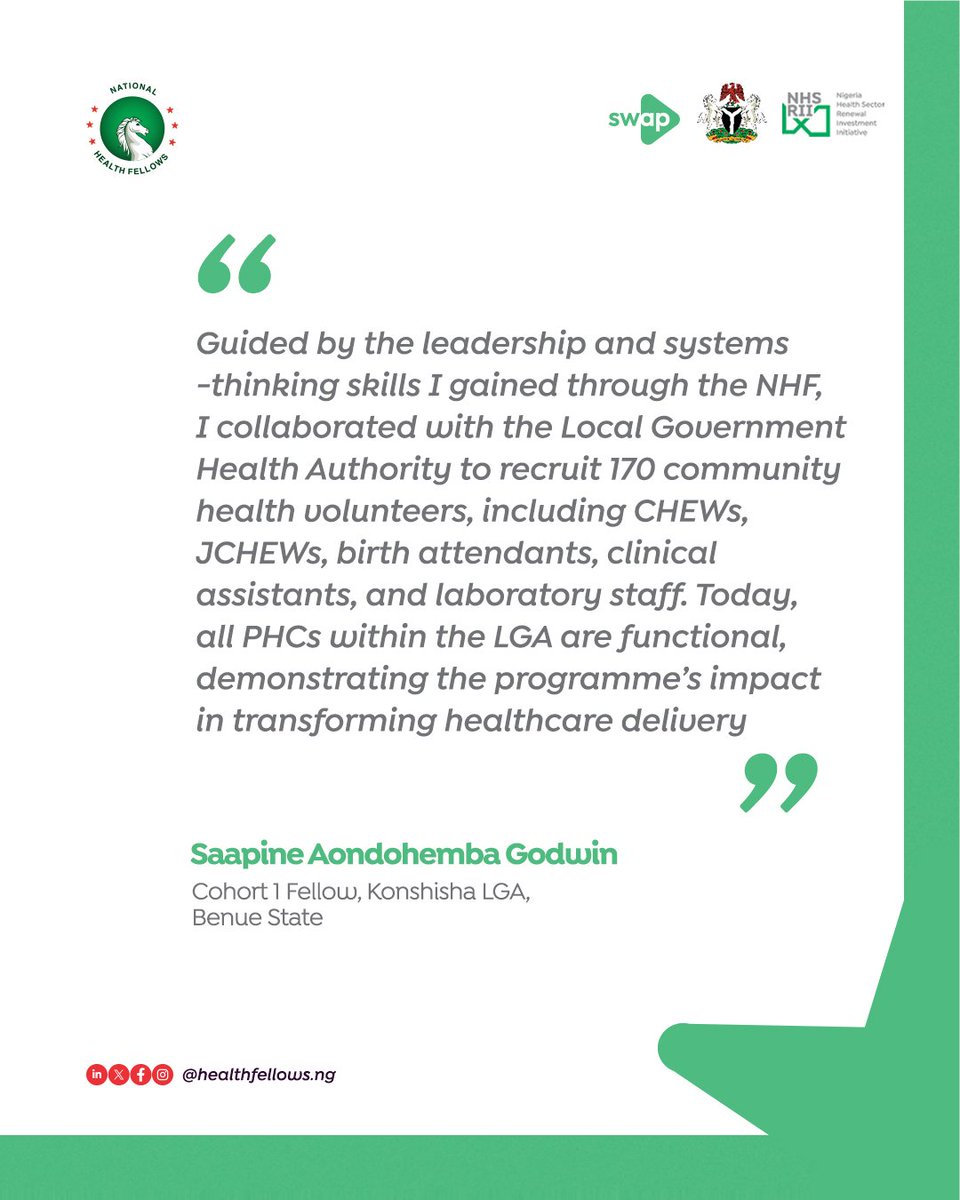 healthfellowsng's tweet photo. The impact of the National Health Fellows is best captured in the voices of the Fellows themselves.

Over the past year, Cohort 1.0 Fellows working across communities in Nigeria were at the frontlines, contributing to efforts to strengthen primary healthcare and improve health outcomes.

Swipe through to hear directly from some of these Fellows as they share what the Fellowship means to them and the impact it has on their work and the communities they served.

#NationalHealthFellows #FromAcrossNigeria #StarsEverywhere #HealthLeadership