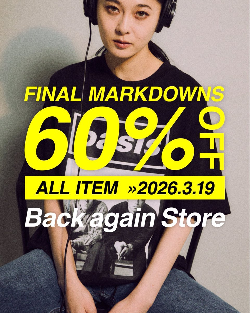 SA_design_works's tweet image. ＼全商品60％OFFキャンペーン／

Oasis Live ‘25オフィシャルグッズ
オンラインストア【Back again Store】🎸

◾️期間：〜2026/3/19(木)
◾️URL： backagain-store.jp 
🔥全商品60％OFF！
🔥3,000円以上の購入で送料無料！

#oasislive2025 
#oasislive25 
#oasis  
#オアシス