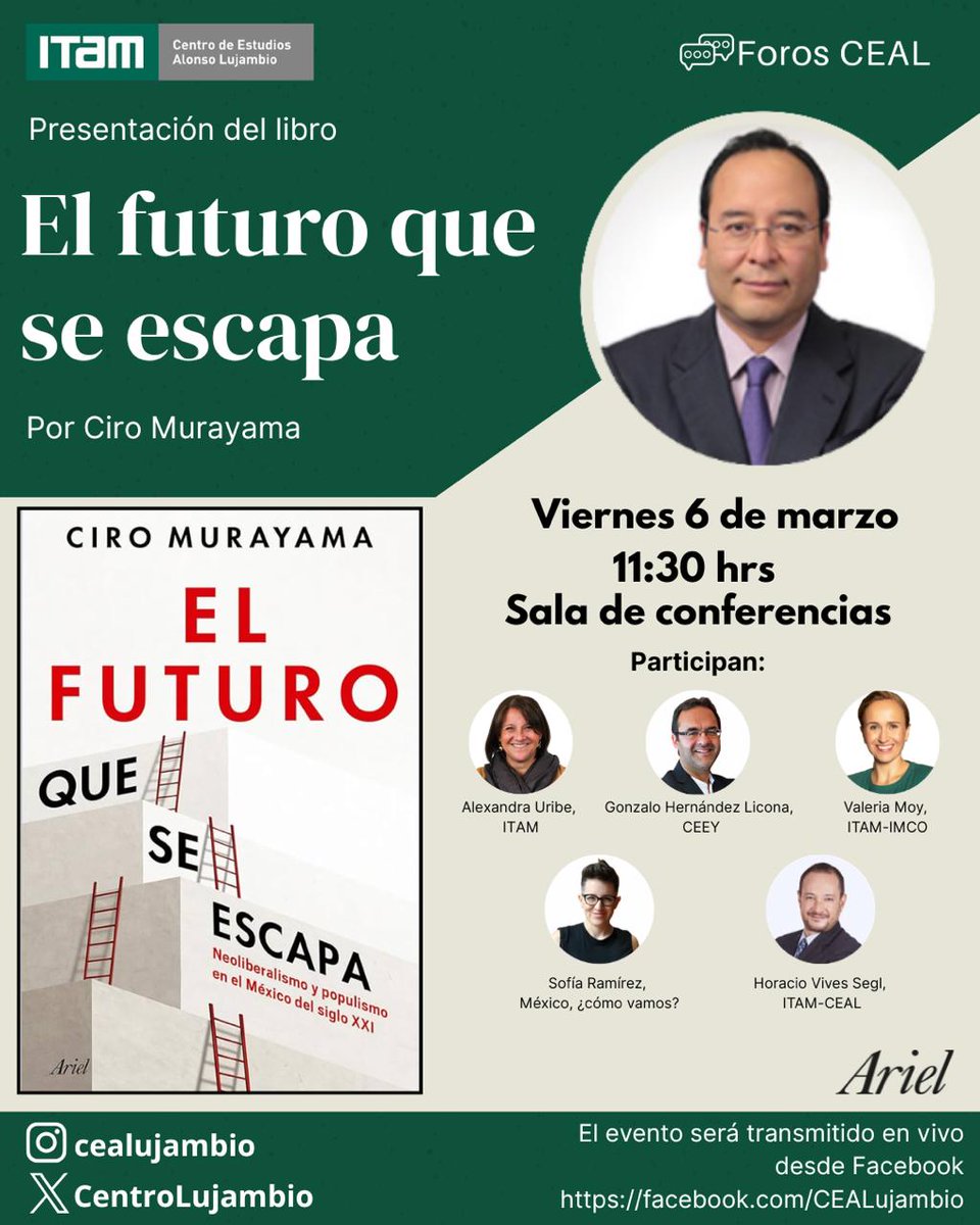 CentroLujambio's tweet photo. 📢#EsHOY en el @ITAM_mx
📚Presentación del libro de @CiroMurayamaMx
🗓️Viernes 6 de marzo
📍Sala de Conferencias
⏰11:30am
@ValeriaMoy @imcomx
@Sofia_RamirezA @MexicoComoVamos
@GHLicona @ceeymx
@polprof13 @CPoliticaITAM
@HVivesSegl #CEAL
@UNAM_MX @IIJUNAMElector @ExITAM https://t.co/Tk7cMZmhc0