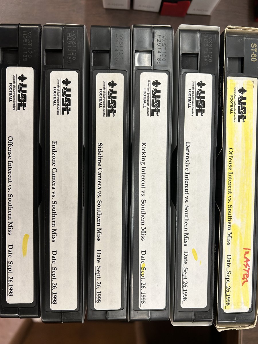 ULSpecColl's tweet photo. Did you know? 📼🏈

Before smartphones, football games were recorded on VHS so teams could review their plays. Our archives preserve historic UL Lafayette game tapes, and you can watch them in our reading room! https://t.co/9lF2aUp3SJ