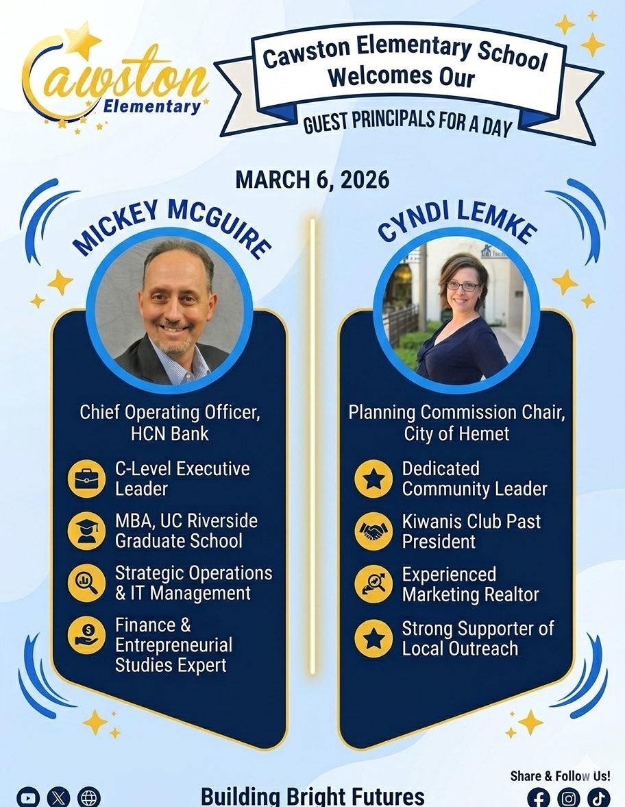 cawstoncomets's tweet photo. We are proud to introduce you to our Hemet dignitaries, Cyndi Lemke and Mickey McGuire, who will be our guests today for Principal for a Day. Our students and staff are excited to showcase everything that makes Cawston extraordinary. https://t.co/JEom2OoGJw