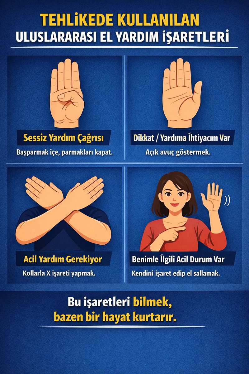 İnsanların tehlikede olduklarında kullandığı bazı uluslararası el yardım işaretleri var:
✋ Avuç gösterip başparmağı içe alıp parmakları kapatmak: Sessiz yardım çağrısı (özellikle aile içi şiddet mağdurları için geliştirildi)
✋ Açık avucu birkaç saniye göstermek: Dikkat /