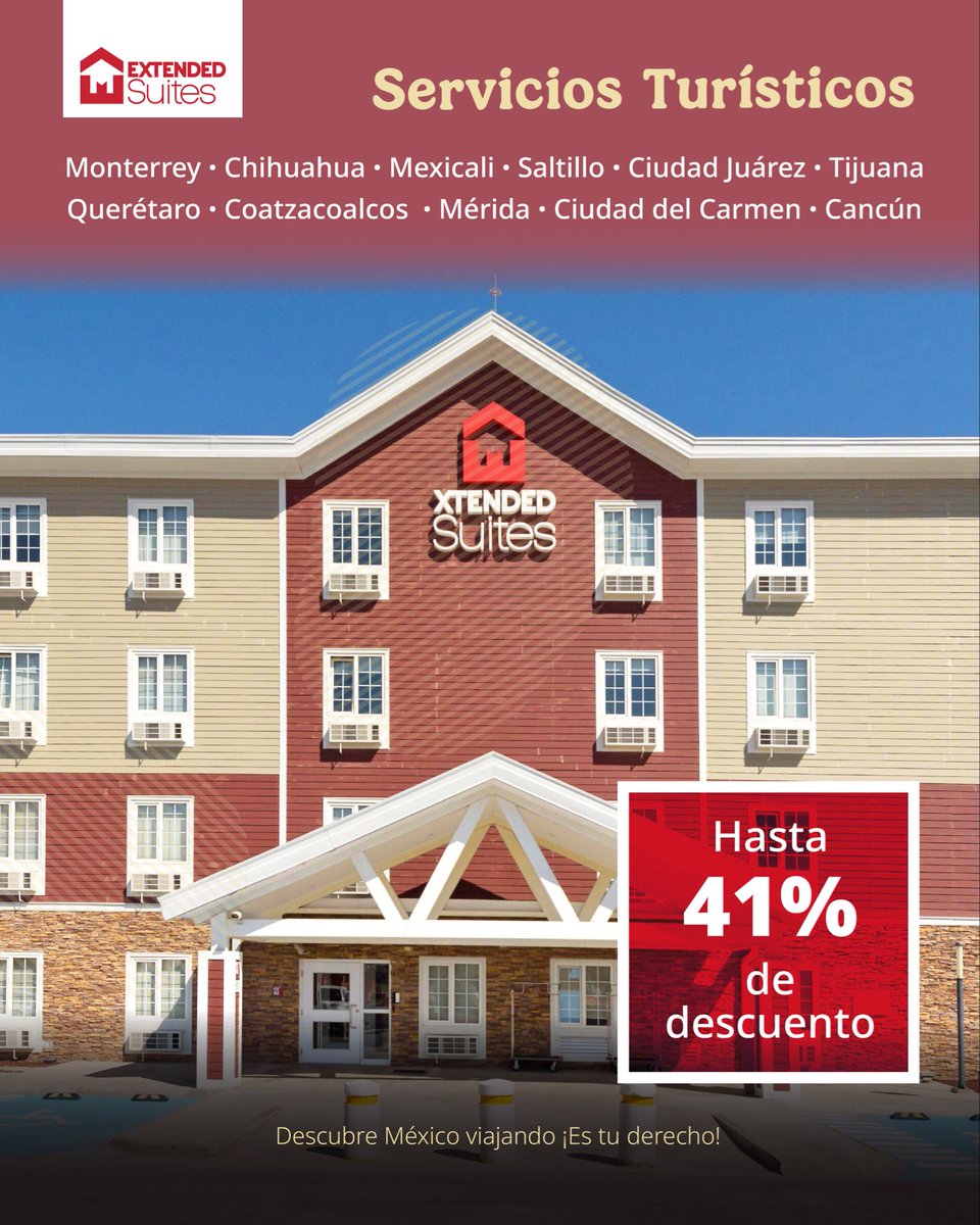 Viajar por México puede ser más fácil (y con descuentazo 💥).

En Extended Suites, encontrarás comodidad, ubicación estratégica y ese espacio perfecto para recargar energía.

¿A qué destino te escaparías primero? 
🏖️🏙️🌄

#TeAsesoramos 
<a href="/ExtendedSuites/">Extended Suites</a>