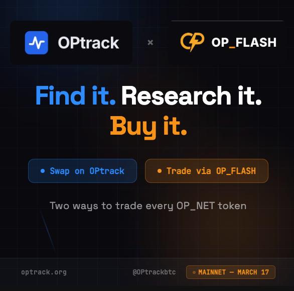 opflashbtc's tweet photo. 🟠 OPtrack x OP_FLASH ⚡️ 
We partnered up. 

Every token on OPtrack now has two trading options:
🔹 Swap on OPtrack
🔹 Trade via OP_FLASH

Find it. Research it. Buy it. All in one place. 
Live on mainnet March 17th. 
@OPtrackbtc  @opflashbtc @opnetbtc @Motoswap 🍊💊 https://t.co/gJLLKJaExP