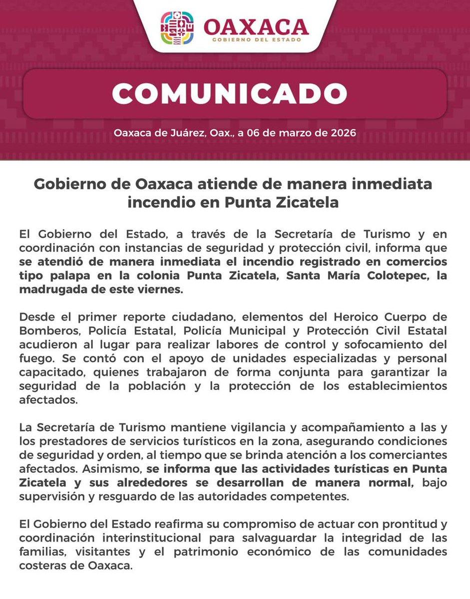 Ante el incendio suscitado en comercios tipo palapa de #PuntaZicatela, #SantaMaríaColotepec, el Gobierno del Estado brindó atención inmediata y da acompañamiento a prestadores de servicios turísticos y comerciantes.