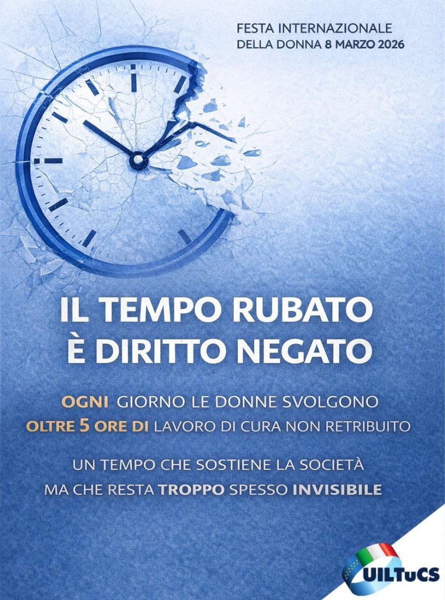 ⌛️ Ci dicono che per la parità serviranno decenni. Ma la vita delle donne accade oggi.
💙 Ogni giorno oltre 5 ore di lavoro di cura non retribuito: tempo invisibile che pesa su lavoro e opportunità
👉 uiltucs.it/donne-e-parita…⁠
✊ #8marzo #LaUiltucsèDonna #FestadellaDonna2026