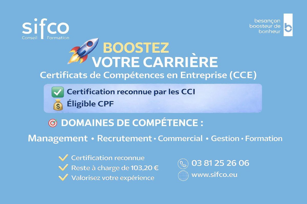 SifcoFormation's tweet photo. Avec les CCE, valorisez vos compétences professionnelles grâce à une certification reconnue par les CCI.
💰 Accompagnement + certification finançables via le CPF.

📩 Infos : https://t.co/d8TM7ZlDvU
☎️ 03 81 25 26 06

#CPF #CCE #Formation #Certification #Besancon #FrancheComte https://t.co/Lk5anEduOA