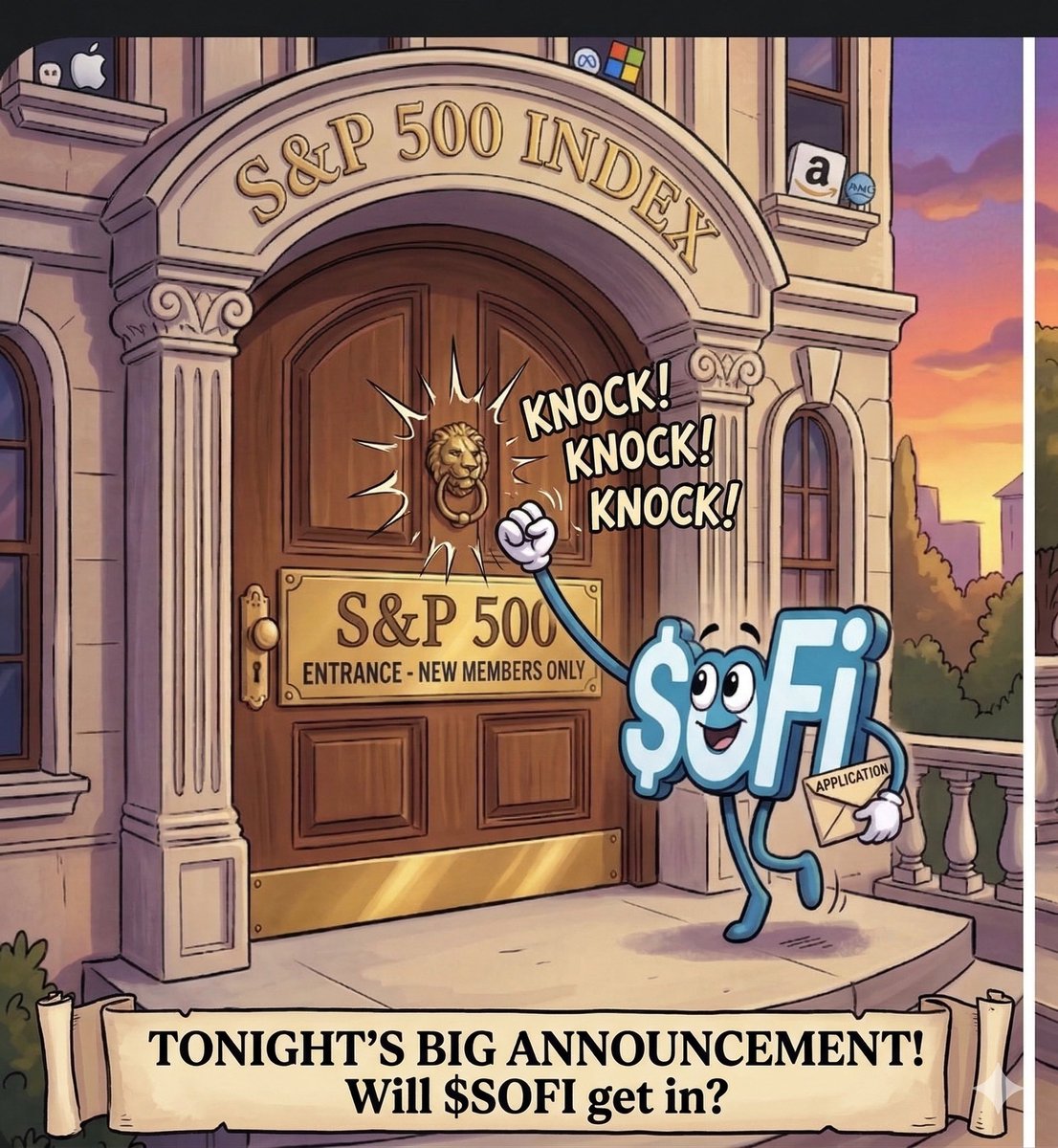 OptionsBrit's tweet photo. Knock, knock! 🚪 Who's there? Hopefully, $SOFI! 🤞

The S&P 500 quarterly rebalance announcement is dropping TONIGHT after the closing bell, and $SOFI is right at the door. Prediction markets currently give them a solid 22% chance of getting that golden ticket into the index. 🎟️📈

#SOFI #SP500 #StockMarket #Investing #SofiStock
