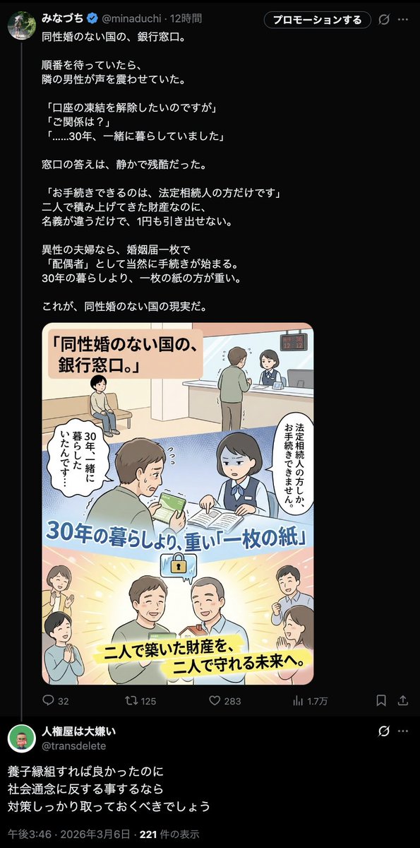minaduchi's tweet photo. 同性婚に対して「養子縁組で対策できたはず」という意見がありました。しかしこの「対策」には致命的な法的トラップがあり、問題の本質そのものを見誤った主張です。

養子縁組は「対等なパートナー」ではなく「親子関係」の創設です。そして民法736条により、一度養子縁組をすると離縁しても元の養親子間では永久に婚姻できなくなります。将来同性婚が法制化されても、その二人は法律上結婚できない。「対策」のつもりが権利を永久に手放す結果になりかねません。

さらに養子縁組で「子」としての相続権を得ても、配偶者に自動適用される税制上の保護は得られません。相続税の配偶者税額軽減（最大1億6,000万円）も遺族年金の受給権も対象外のままです。

「社会通念に反する」という前提もまた、事実と異なります。世論調査で同性婚賛成は7割前後に達し、20代では9割超。高裁6件中5件が現状を違憲と判断しています。社会通念から外れているのはむしろ反対の側です。

制度の不備を放置しておきながら「対策しなかった方が悪い」とするのは、責任の所在を完全に逆転させる論法です。必要なのは個人の対策ではなく、制度の是正です。