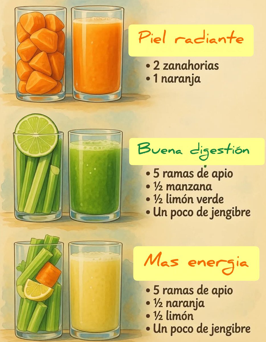 🥕🥬 JUGOS SALUDABLES 

Zanahoria, apio, limón y jengibre son alimentos nutritivos 🌿

✔️ Aportan vitaminas y antioxidantes.
✔️ Pueden formar parte de una dieta saludable.

Pero:
❌ No “eliminan toxinas” mágicamente.
❌ No reducen grasa localizada por sí solos.

Tu hígado y