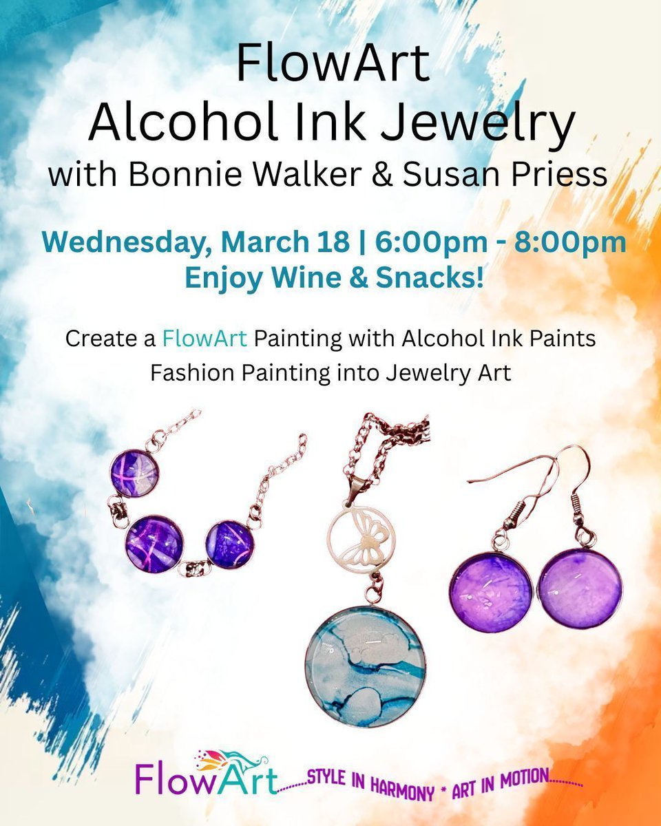 VisualArtsPG's tweet photo. FLOWART ALCOHOL INK JEWELRY
Sign Up Here: https://t.co/tyPLkqzACU 
$55 (All Inclusive)
IT'S A PARTY! Join Bonnie Walker &amp; Susan Priess and make wonderful jewelry designed by you! Includes 3 pieces of jewelry, extras are available. EAT, DRINK, MAKE &amp; WEAR! SO FUN! https://t.co/HwUX0s1iUg