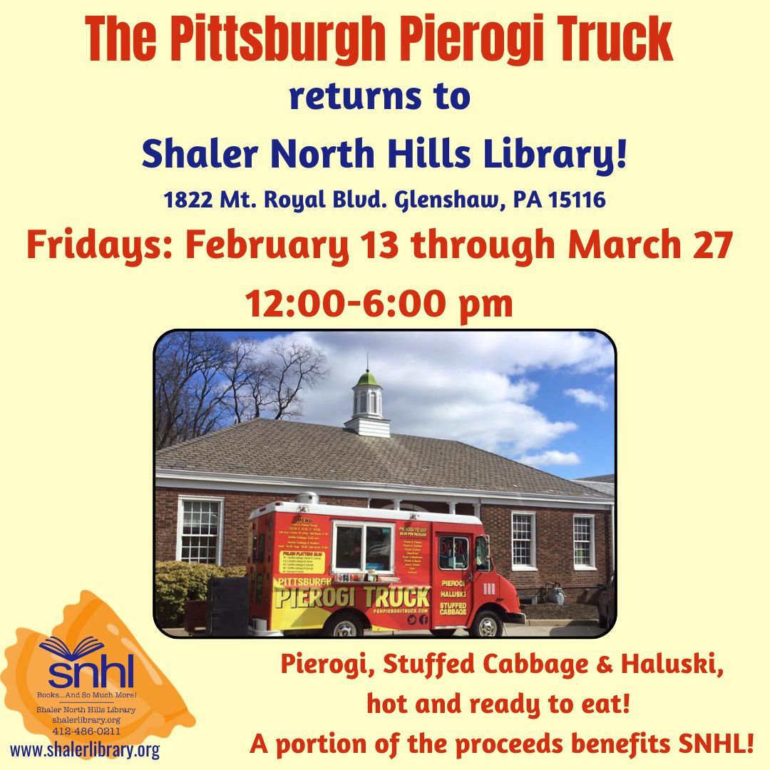 shalerlibrary's tweet image. Hungry Yinzer Alert! The Pittsburgh Pierogi Truck will be at #ShalerLibrary on Fridays through March 27 from 12:00 to 6:00 PM each day. Pierogi, Stuffed Cabbage, Haluski, hot and ready to eat! A portion of the sales benefits the library. #snhl #FoodTruckFun