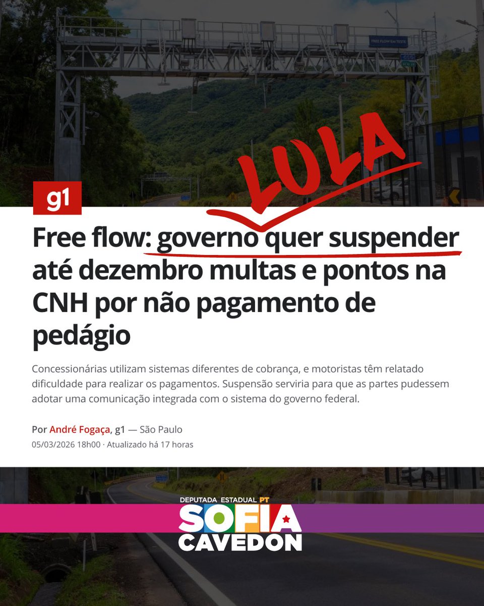Boa notícia para motoristas!

O governo Lula, por meio do Contran, quer suspender as multas e os pontos na CNH por não pagamento de pedágio no sistema free flow.

Desde o início dessas multas, nosso mandato vem alertando para a injustiça com motoristas.

Apresentamos projeto de