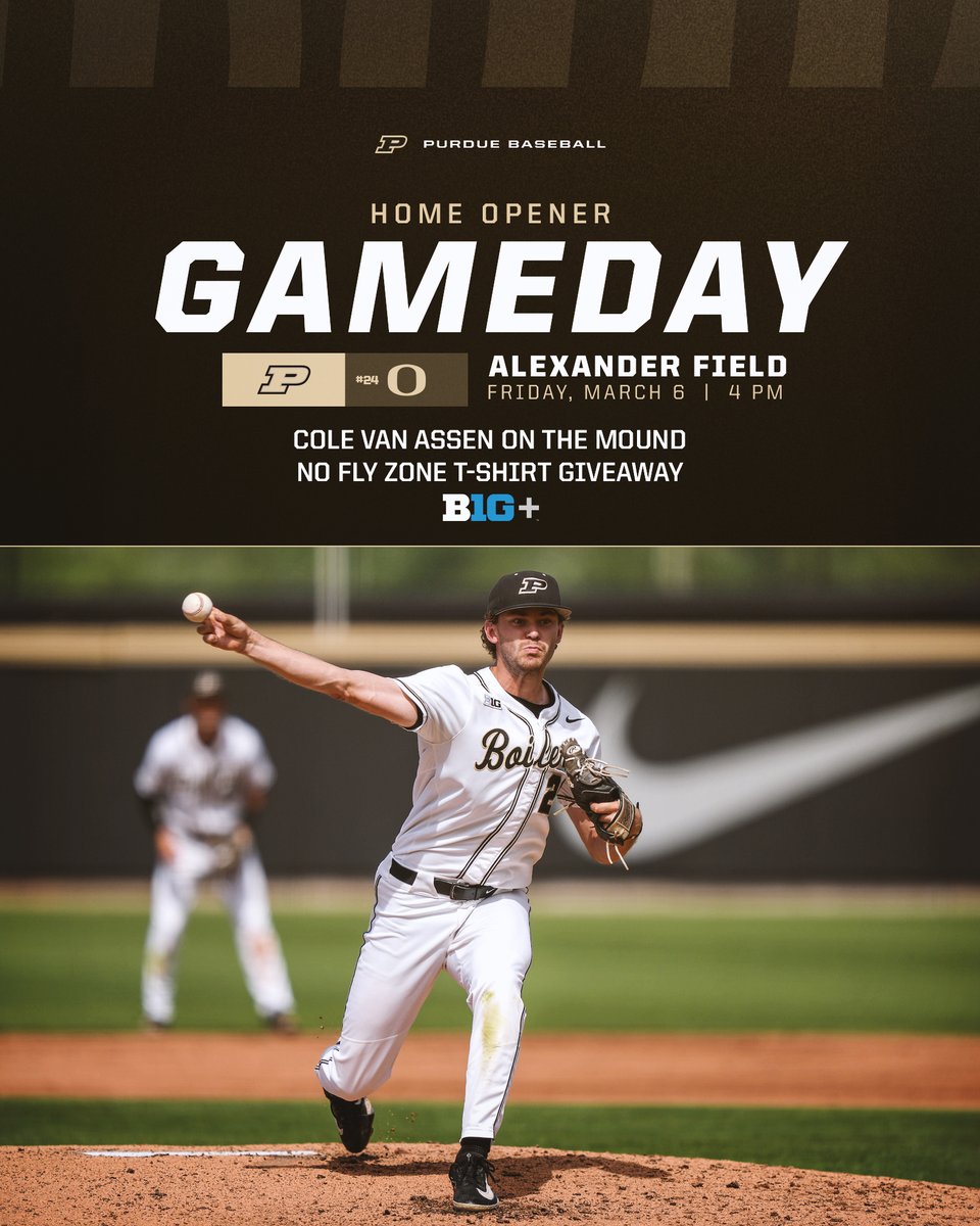PurdueBaseball's tweet photo. First Friday at Alexander. So ready for the earliest home opener ever. #BoilerUp #LongLiveSpring ♨️

🚂 🆚 🦆
🕓 4pm
🌞 75 Degrees!!
💪 @ColeVanAssen vs RHP Will Sanford
👕 No Fly Zone T-Shirt Giveaway
📺 B1G+ (use code 3MONTHS)
🔊 PurdueSports App &amp; Website https://t.co/vWTnfMhSTL